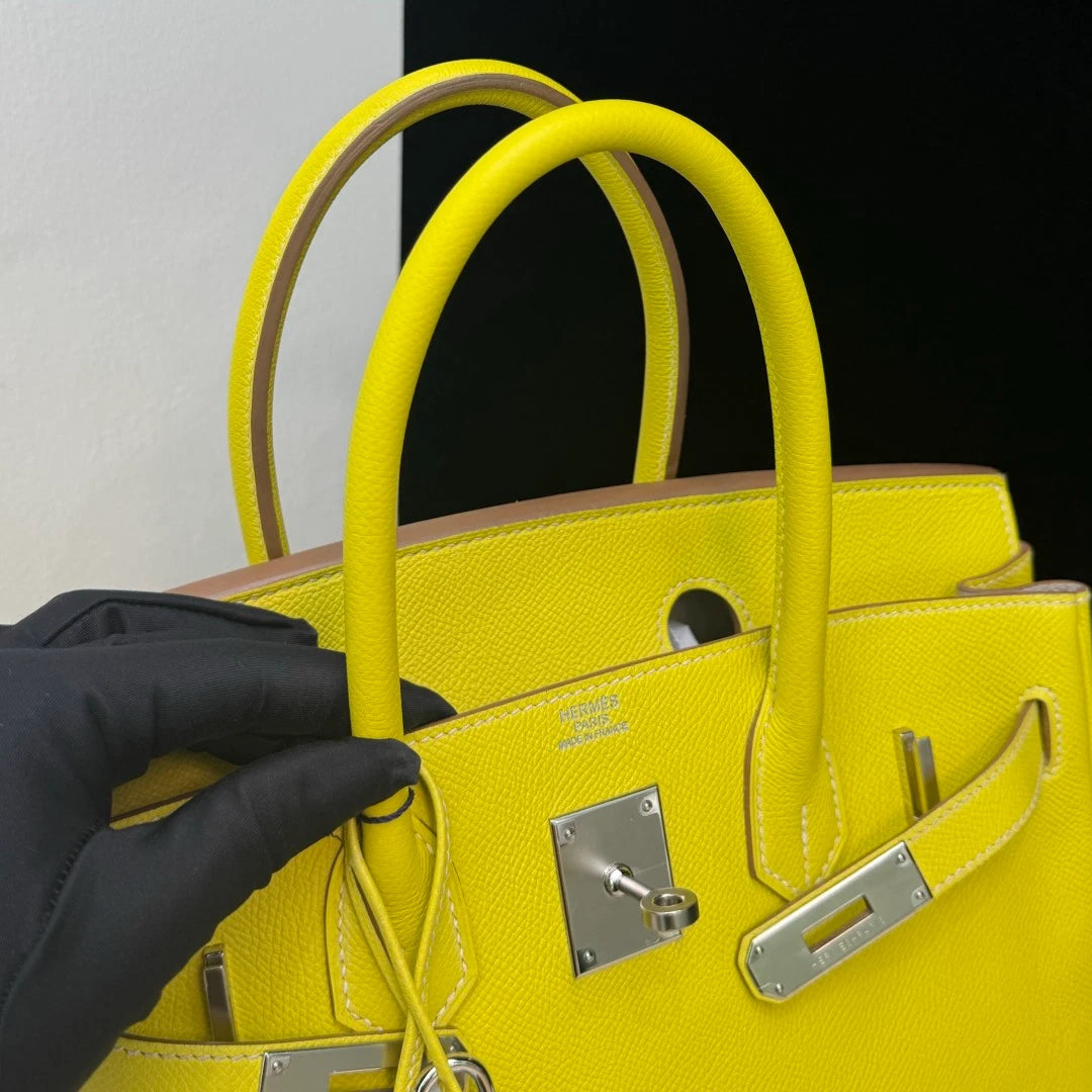 Hermes Birkin30 Epsom Leather Lemon Yellow Silver Hardware Tote Handbag
