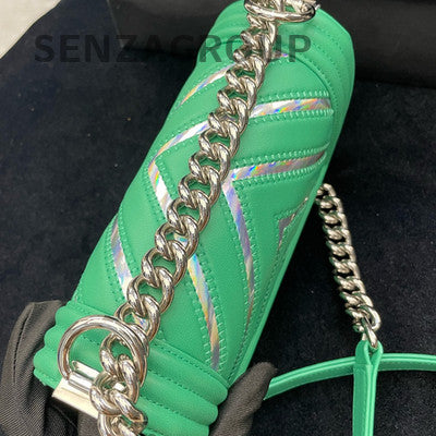 Chanel Small Le Boy Chevron Green Silver Chain Shoulder Bag Women Classic