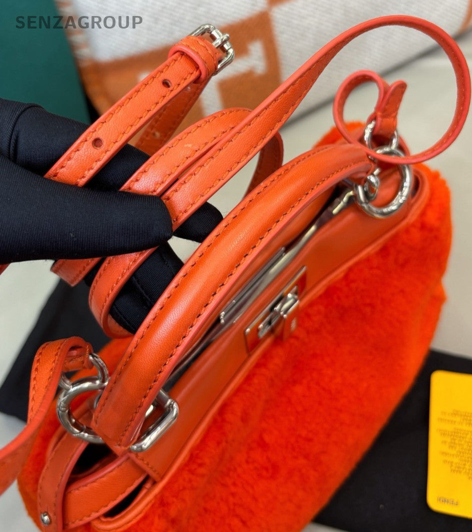 Fendi  Peekaboo PM Lambskin Top Handle Bag Crossbody Orange Silver Women