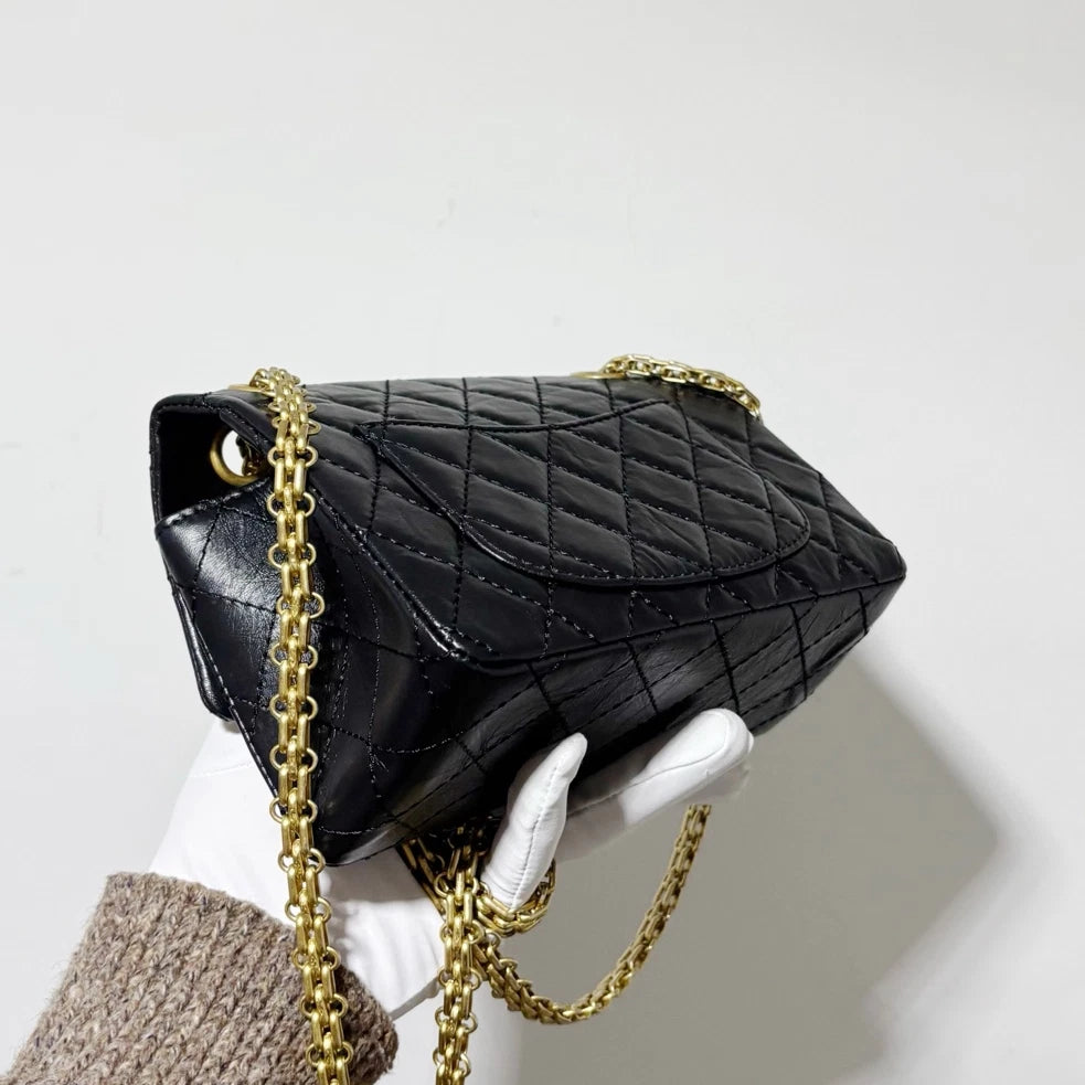 Chanel 2.55 Mini Chain Shoulder Bag Crossbody Black Gold Women Classic Diamond
