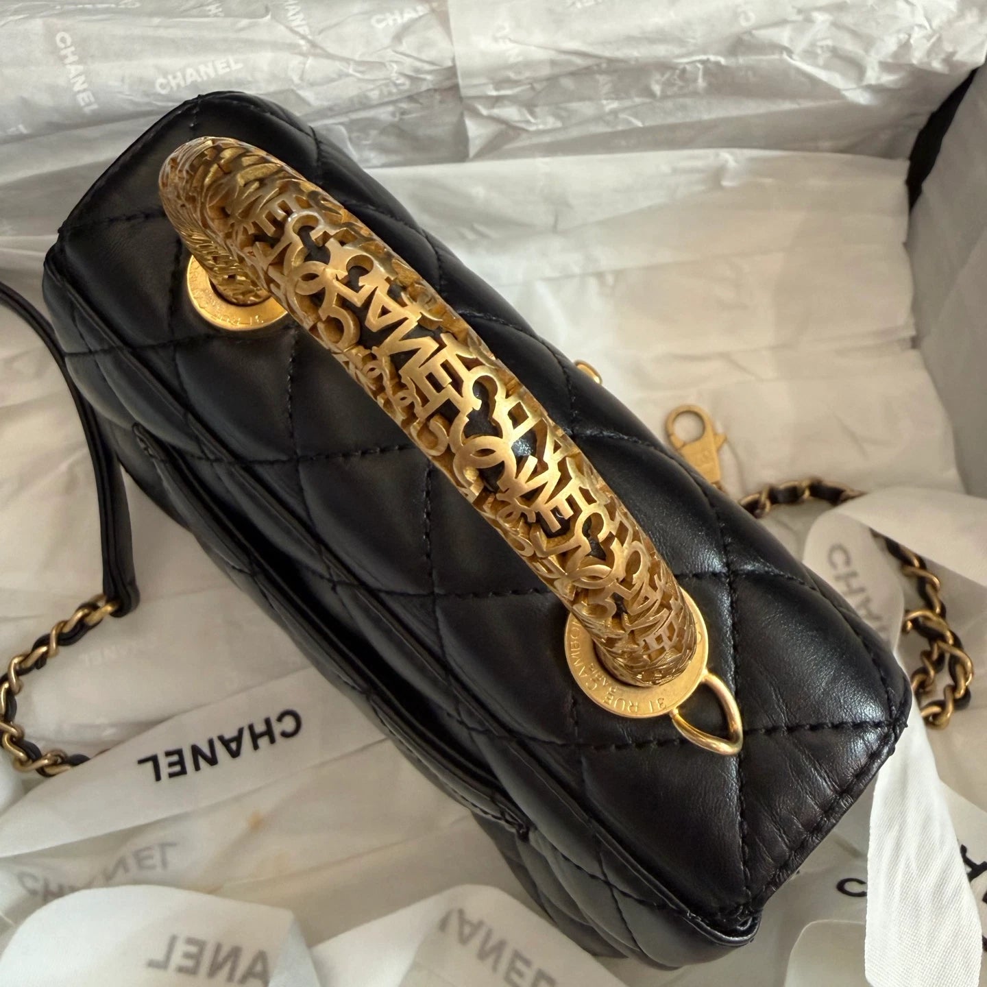 Chanel Cocohandle Mini Chain Lambskin Top Handle Crossbody Black Gold Women