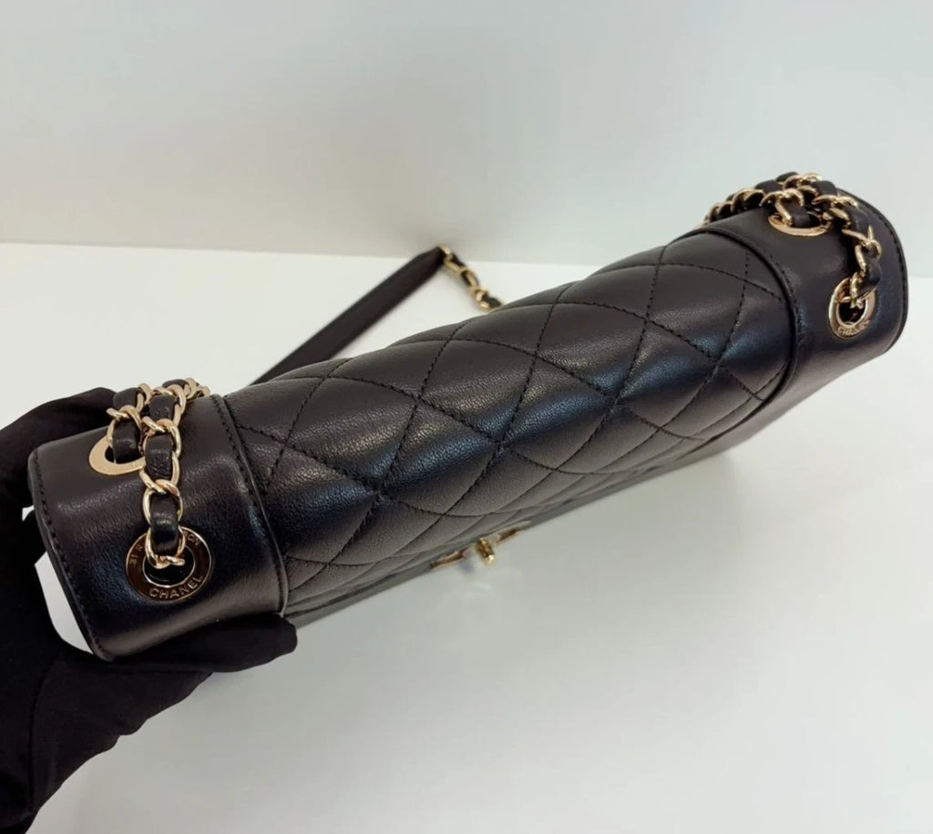 Chanel CC Logo Calfskin GM Chain Shoulder Bag Crossbody Black Gold Women Classic