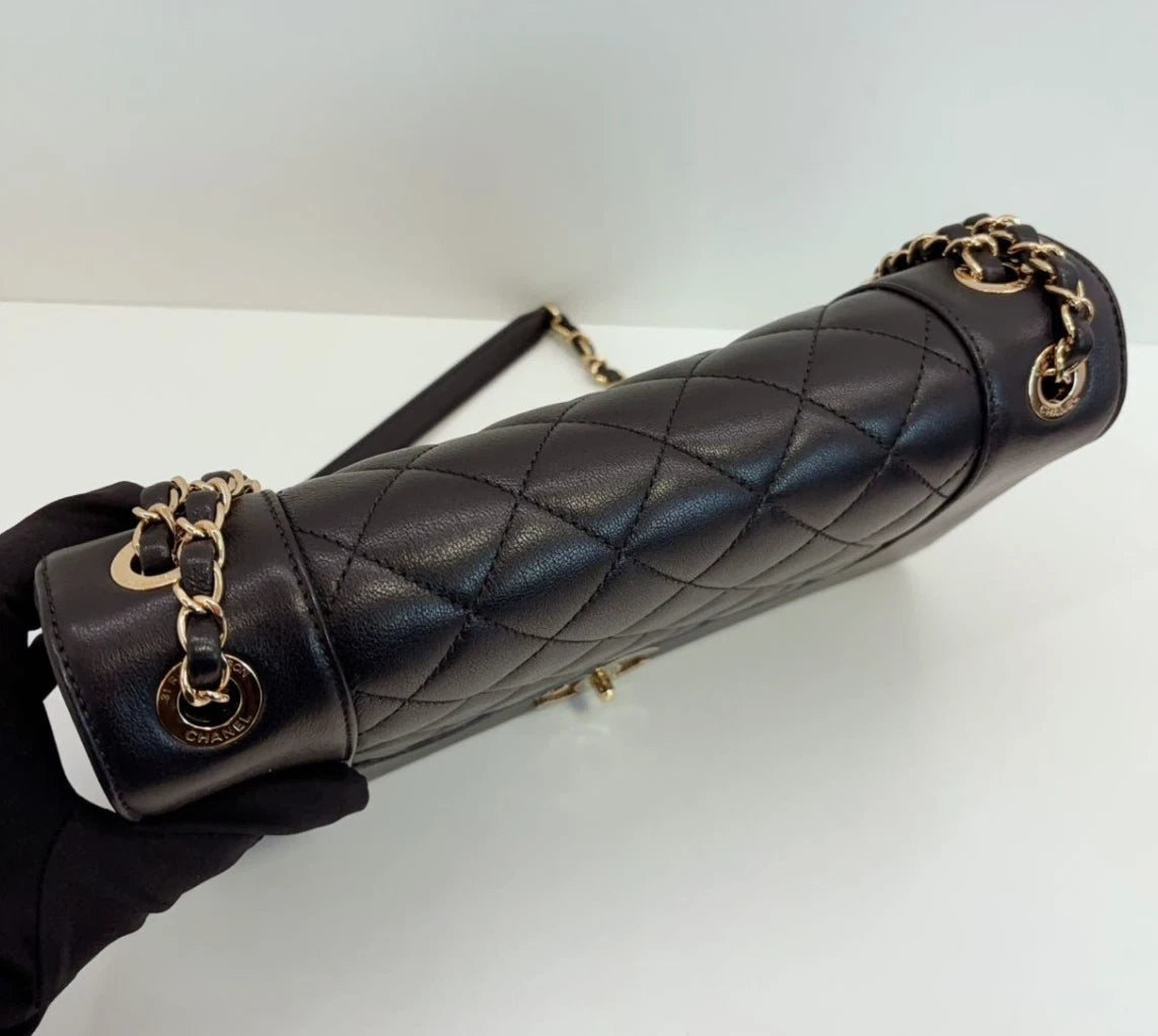 Chanel CC Logo Calfskin GM Chain Shoulder Bag Crossbody Black Gold Women Classic