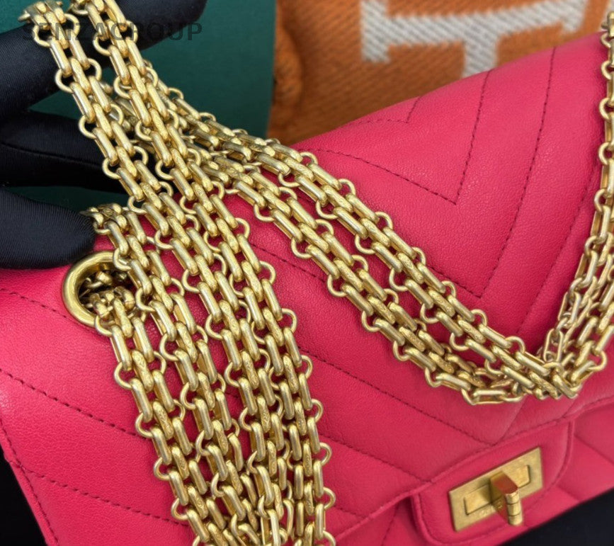 Chanel 2.55 PM Chain Shoulder Bag Pink Gold Women Classic Fashion