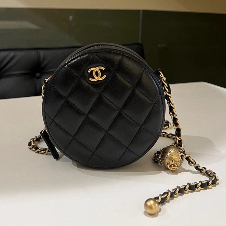 Authentic CHANEL Gold Ball Black Gold Mini Round Crossbody Bag