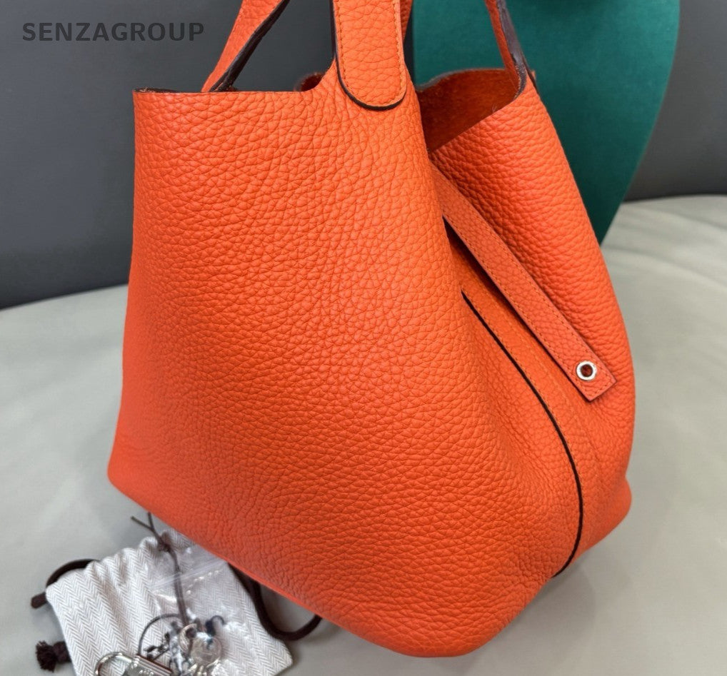 Hermes Picotin22 Top Handle Bag Orange Silver Women Classic Fashion