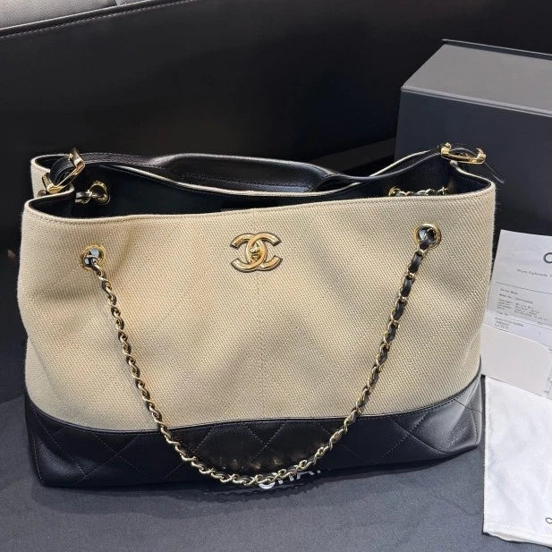 Chanel Tote Chain GM Canvas Lambskin Shoulder Bag Beige Black Gold Women D
