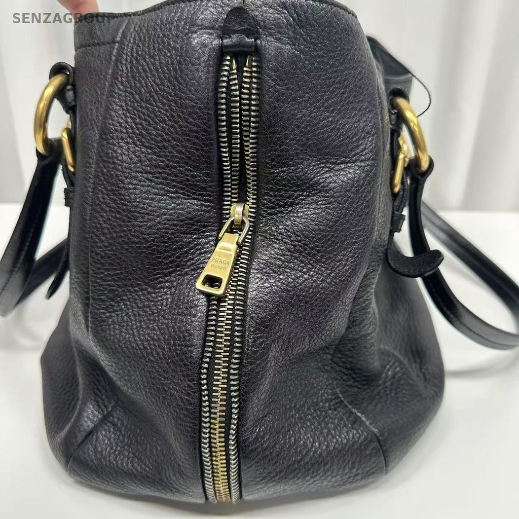 PRADA Black gold All Leather Tote Shoulder bag