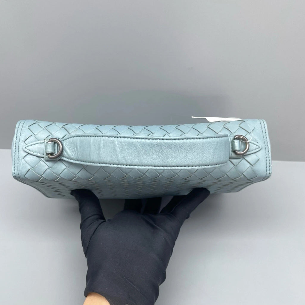 Bottega Veneta Valumna Intrecciato Top Handle Crossbody Blue Silver Women