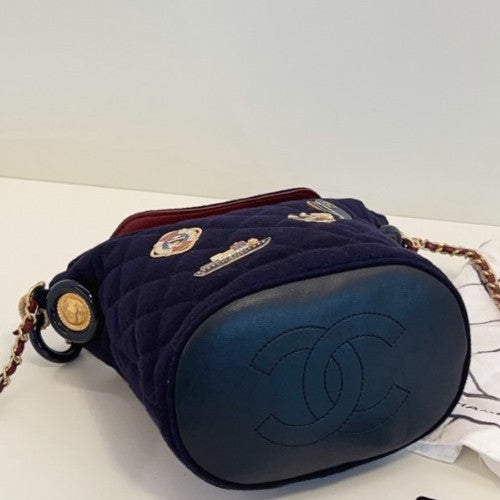 Chanel Bucket Chain Shoulder Bag Crossbody Blue Gold Women Classic Designer
