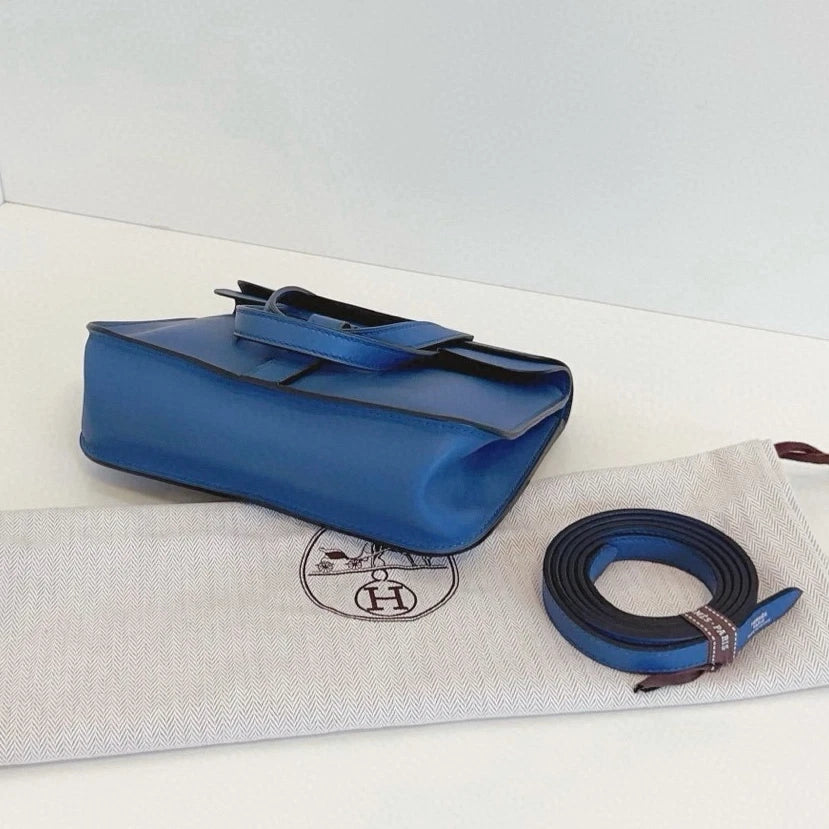 Hermes Halzan Mini Top Handle Crossbody Blue Silver Women Classic Fashion