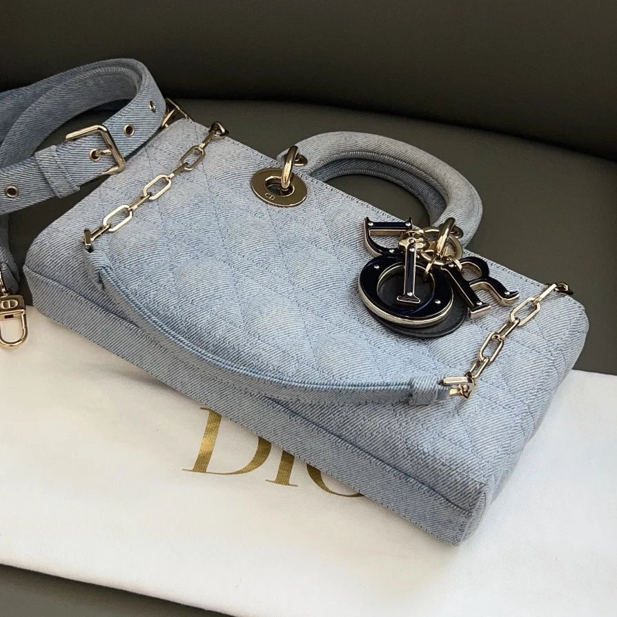 Excellent Christian Dior D-Joy PM Denim Blue Handbag Crossbody Gold Hardware