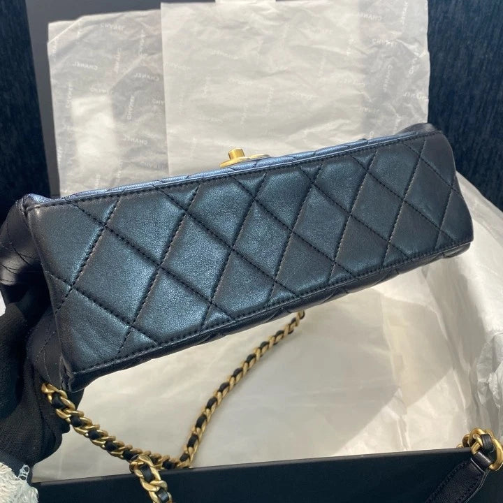 Chanel Classic Flap Lambskin Chain Shoulder Crossbody Black Gold Women Fashion D