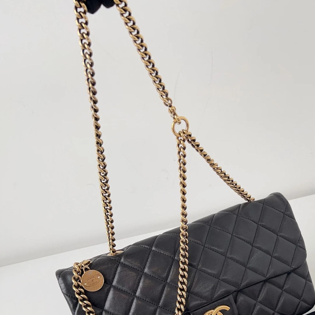 Chanel Classic Flap Jumbo Calfskin Gold Coin Chain Black Shoulder Bag Crossbody