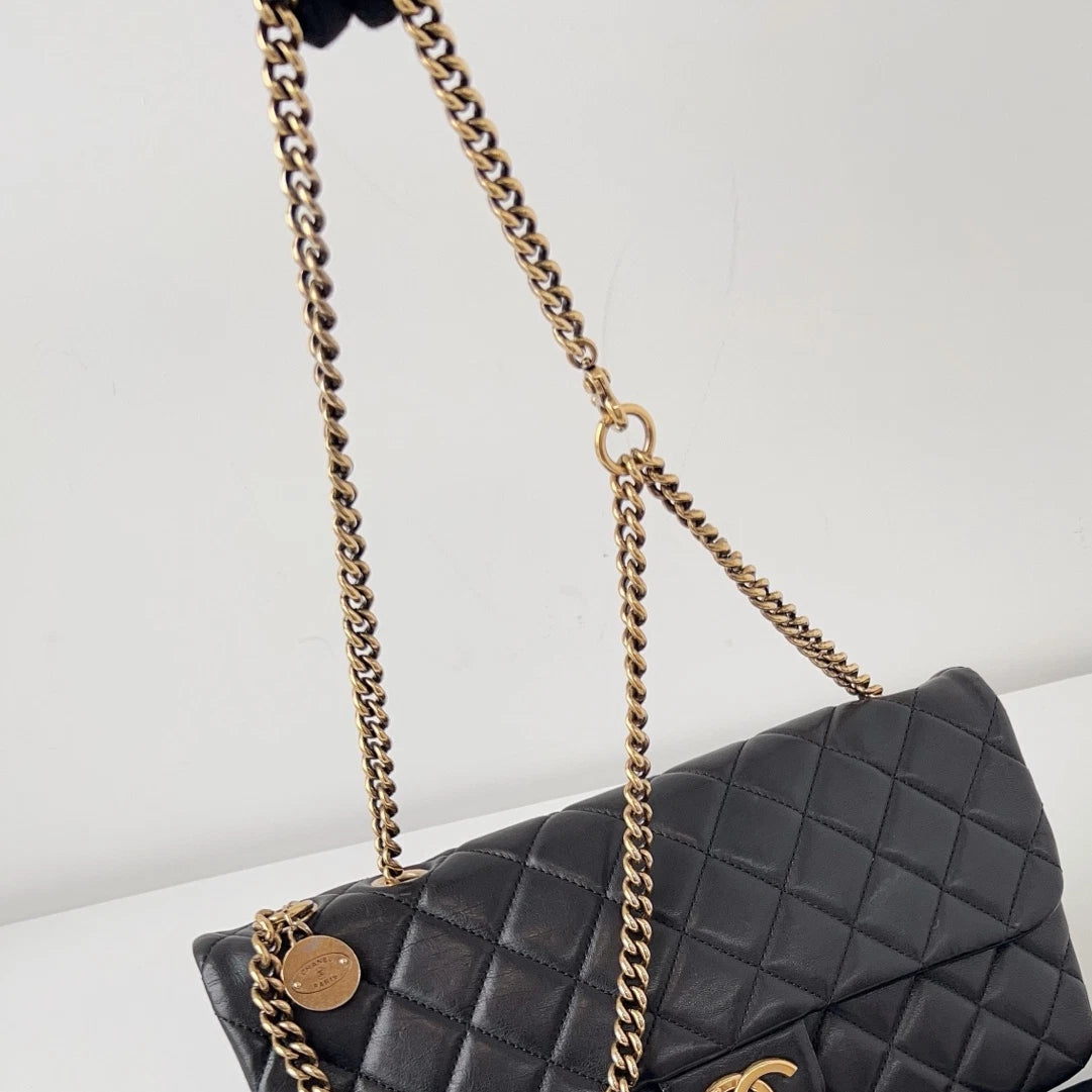 Chanel Classic Flap Jumbo Calfskin Gold Coin Chain Black Shoulder Bag Crossbody