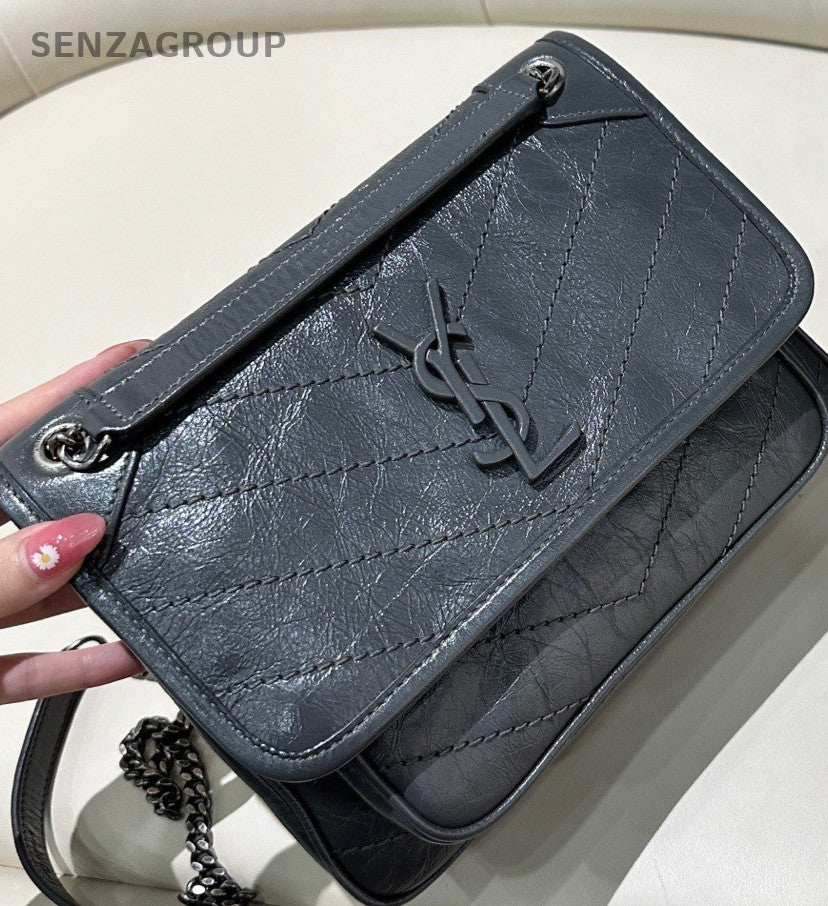 YSL Saint Lauren Baby Niki PM Shoulder Crossbody Bag Gray Almost Brand Ne