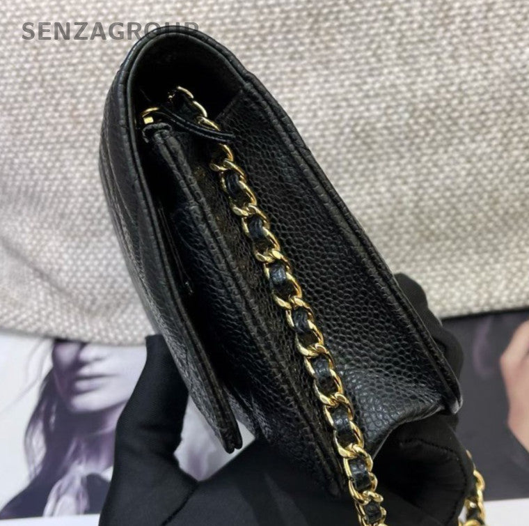 Chanel WOC Chain Shoulder Bag Crossbody Black Gold Diamond Women Classic