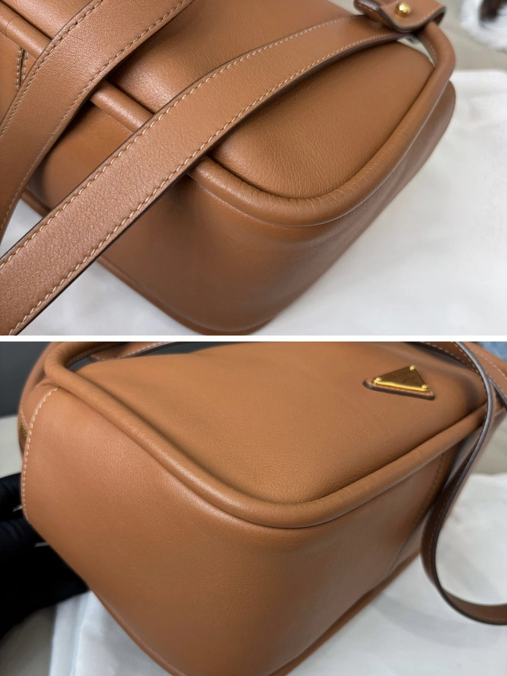 Prada Darling Calfskin 2Way Top Handle Crossbody Brown Gold Women Classic