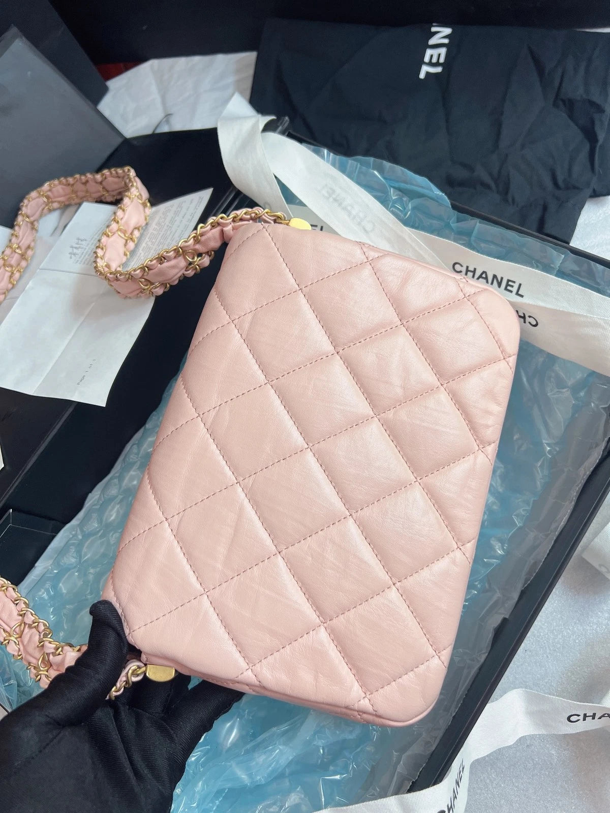 Chanel Diamond Calfskin Chain Shoulder Bag Pink Gold Used Women Classic