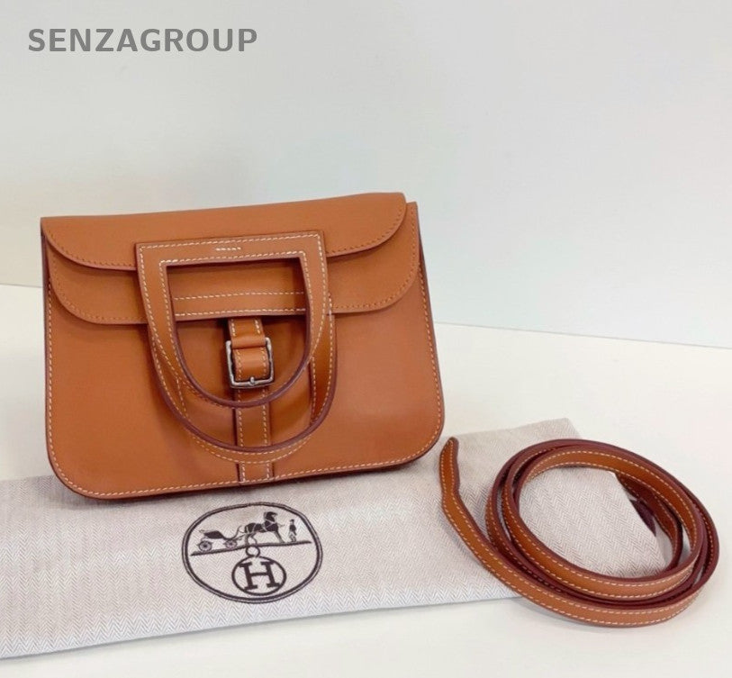 Hermes Halzan Mini Top Handle Bag Crossbody Brown Silver Women Classic