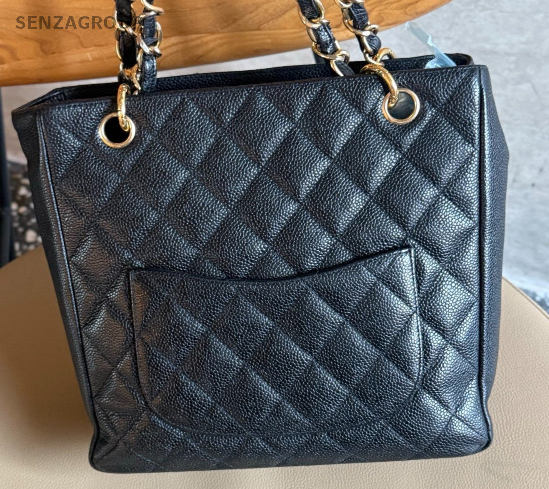 Chanel PST Chain Calfskin Shoulder Bag Black Gold Diamond Used Women Classic