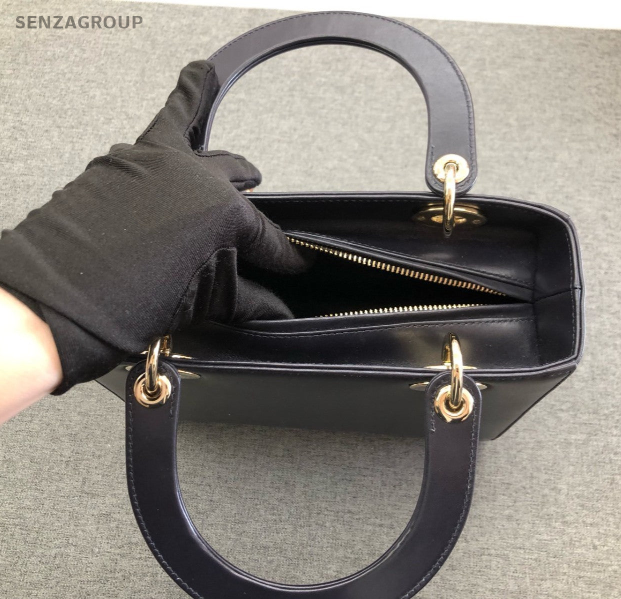 Christian Dior Lady Dior 2Way Top Handle Bag Black Blue Gold Women Classic