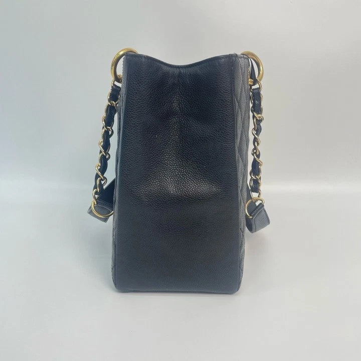 CHANEL GST Medium Black Gold Leather Tote Bag For Women