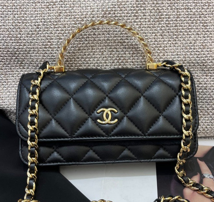 Chanel Diamond Lambskin WOC Chain Top Handle Bag Crossbody Black Gold Women