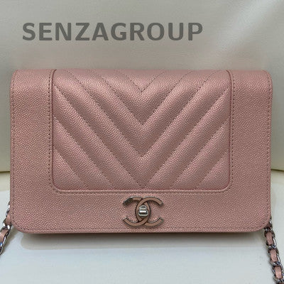 Chanel Pink Silver Hardware V-Stitch WOC Calfskin Chain Shoulder Bag