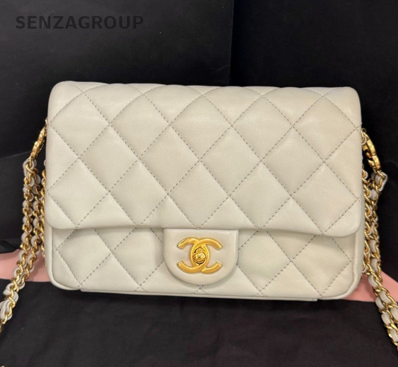 Chanel Classic Flap Mini Lambskin Chain Gray Gold Shoulder Bag Women Fashion