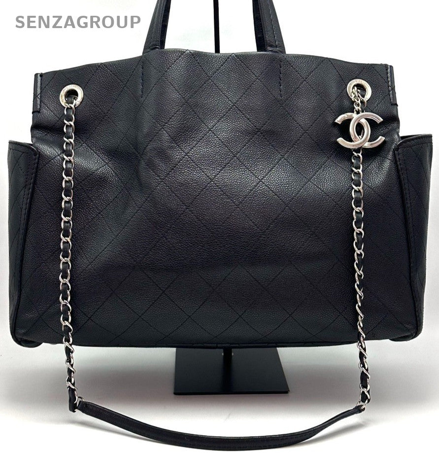 Chanel Clogo Diamond Pattern Chain Tote Bag Black Silver Used Women Classic