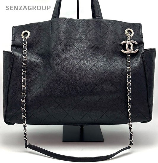 Chanel Clogo Diamond Pattern Chain Tote Bag Black Silver Used Women Classic