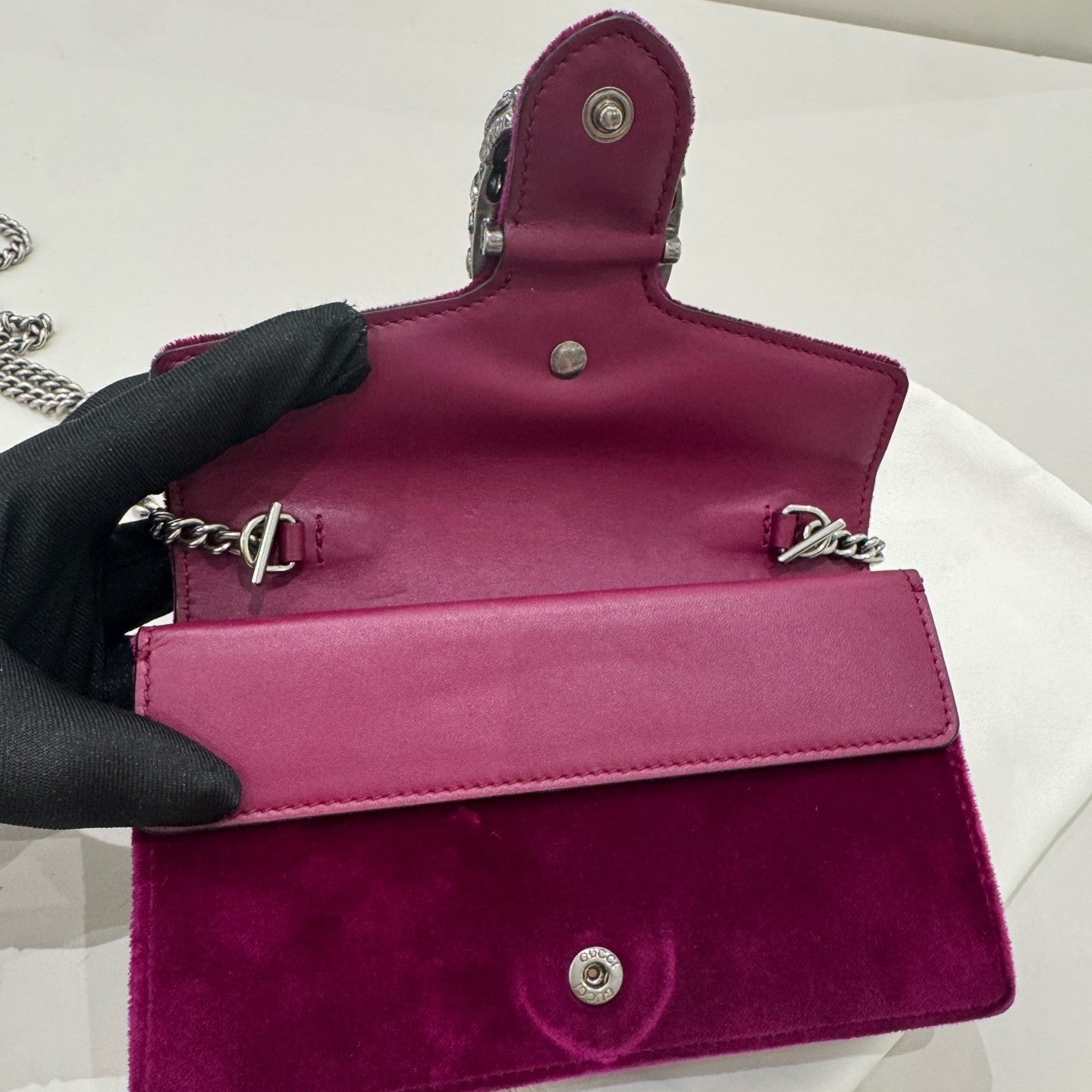 Gucci Dionysus Mini Chain Bag in Velvet, Burgundy with Silver Hardware