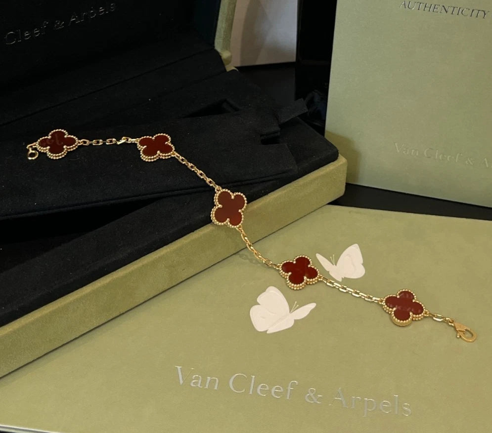 Van Cleef &amp; Arpels Vintage Alhambra Carnelian 18k Yellow Gold 5 Motifs Bracelet