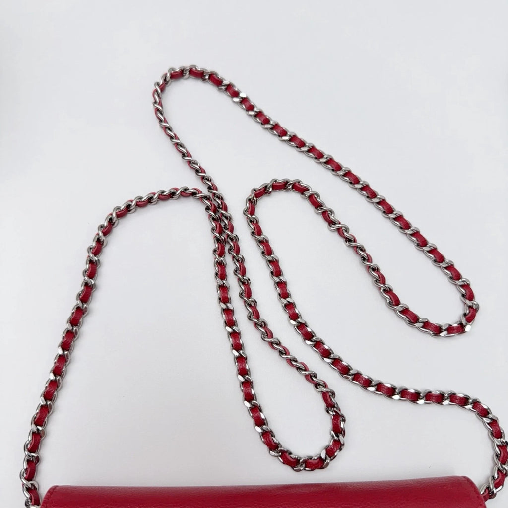 Chanel Woc Chain Shoulder Crossbody Bag Red Silver Hardware Women Fashion