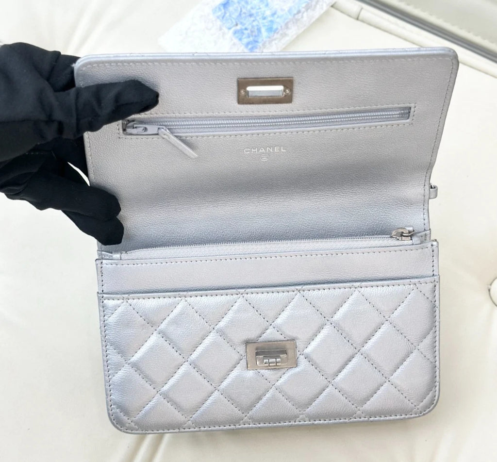 Chanel 2.55 WOC Calfskin Chain Shoulder Bag Crossbody Silver Diamond Women S