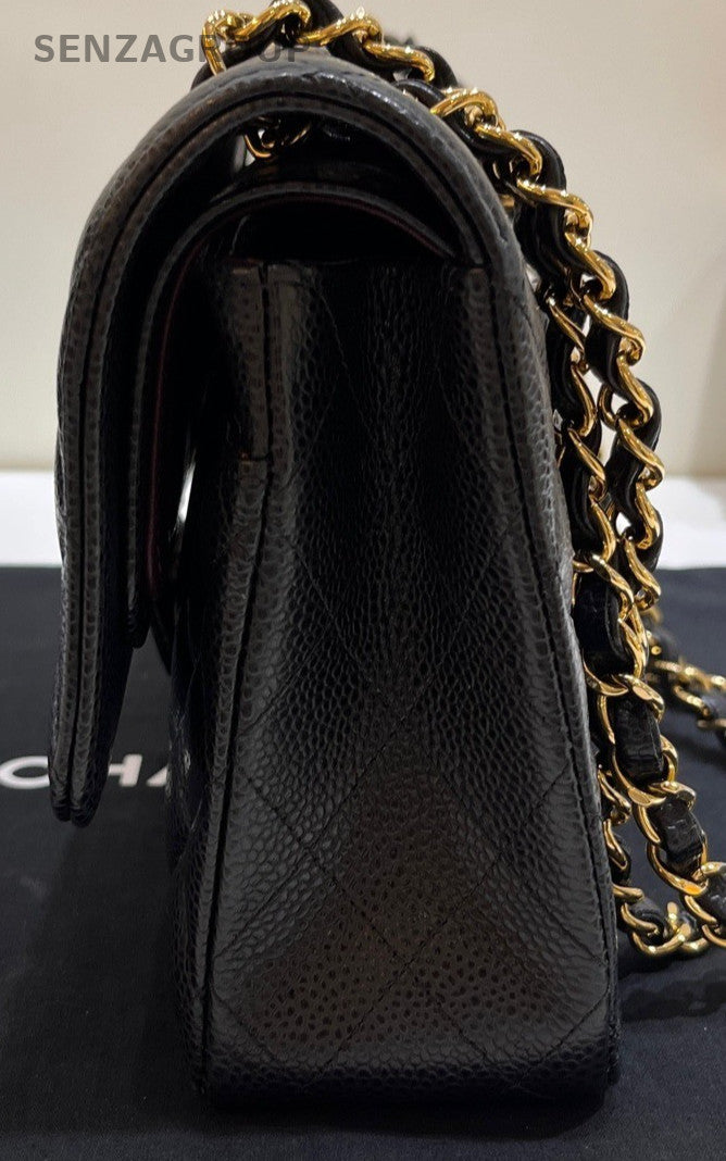Chanel Classic Flap Calfskin MM Chain Shoulder Bag Black Gold Women Designer