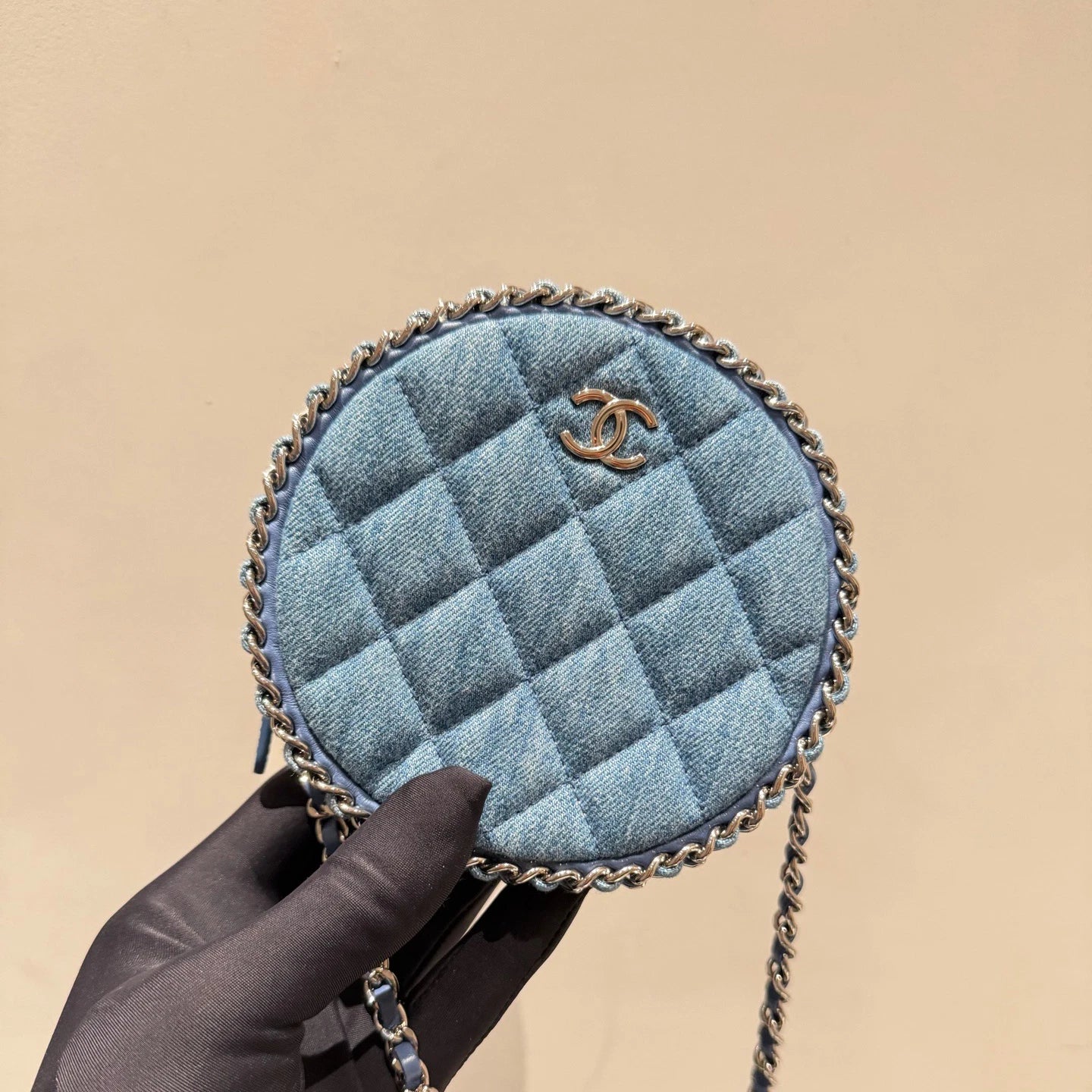 Chanel Denim Round Bag Chain Crossbody Blue Gold Diamond Women Classic