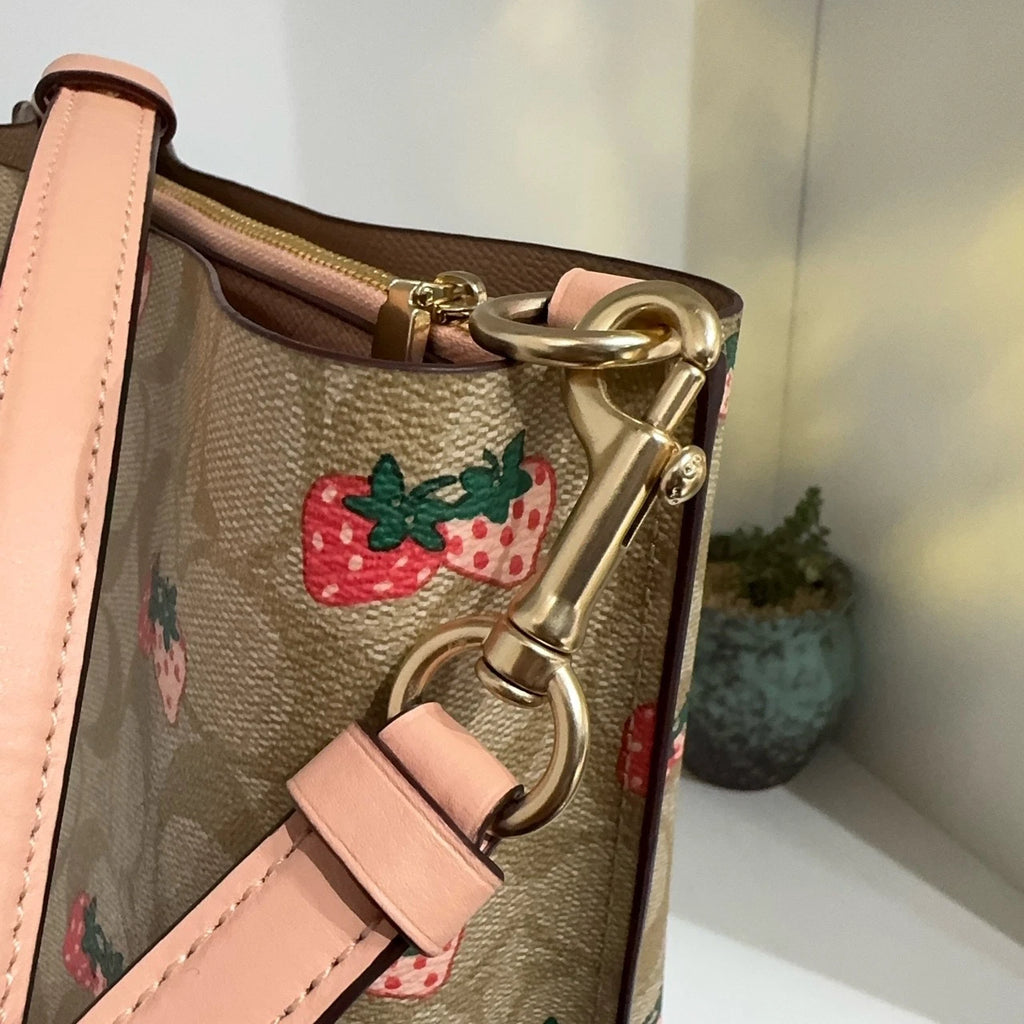 Coach Women's Strawberry Print Canvas Bucket Crossbody Shoulder Bag