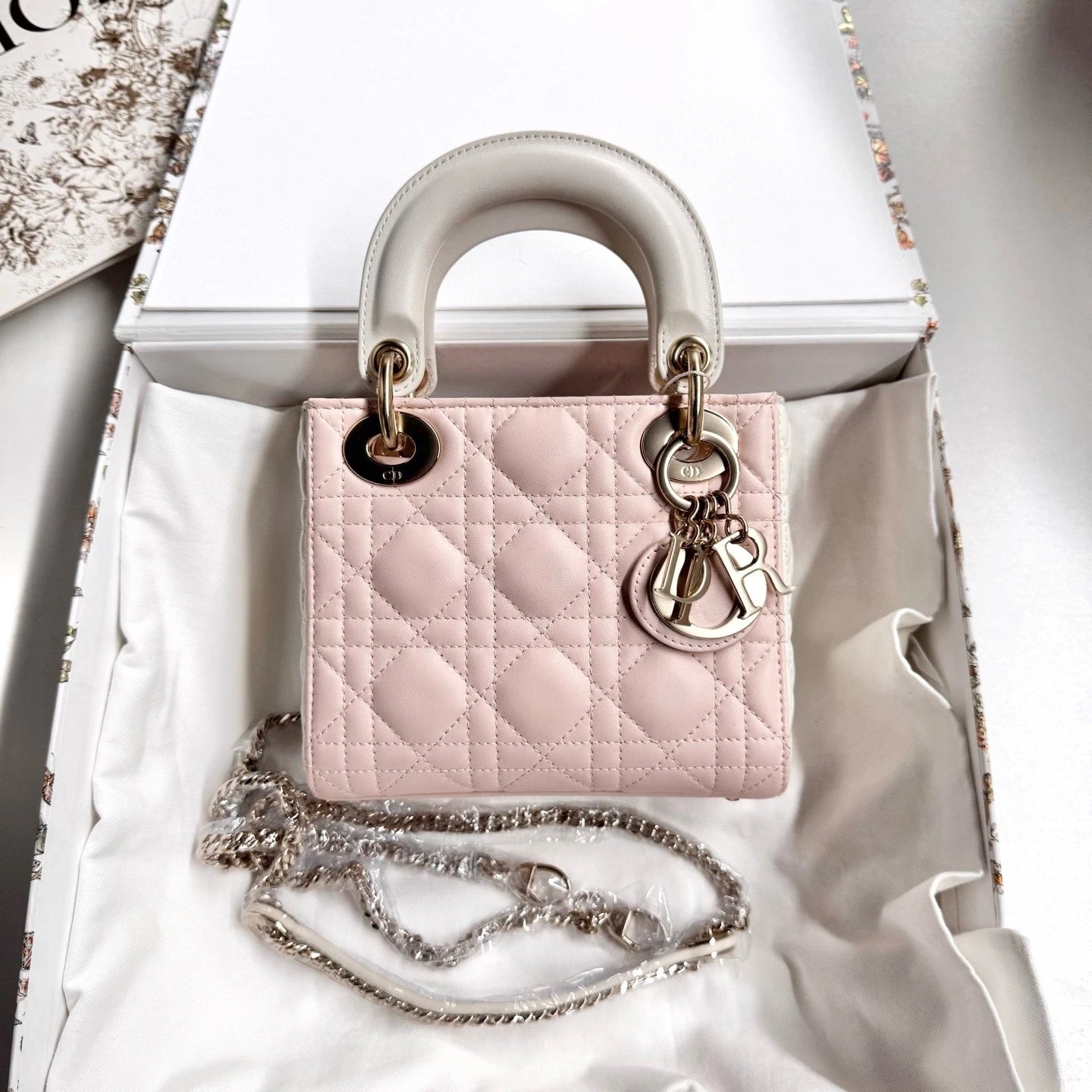Dior Lady Dior Leather Pink White Top Handle Excellent