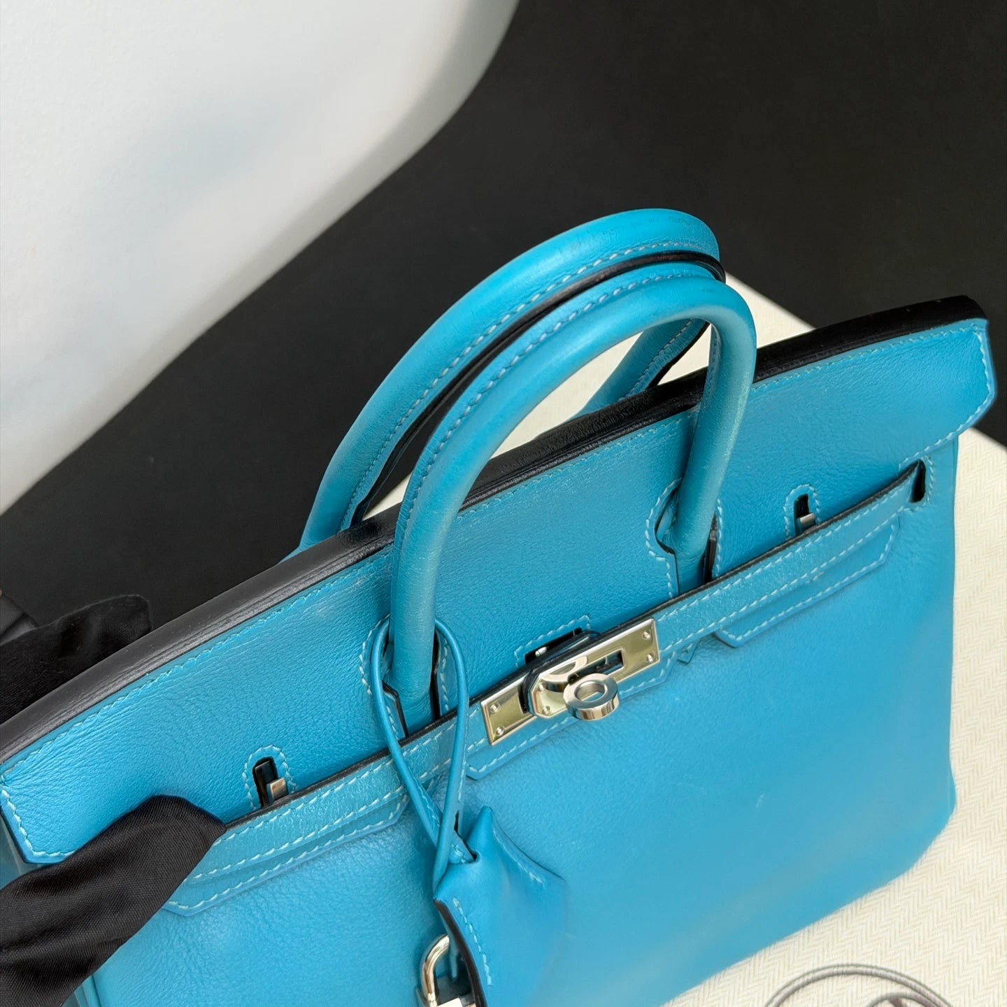 Hermes Birkin25 Evercolor Leather Top Handle Bag Blue Silver Used Women Classic