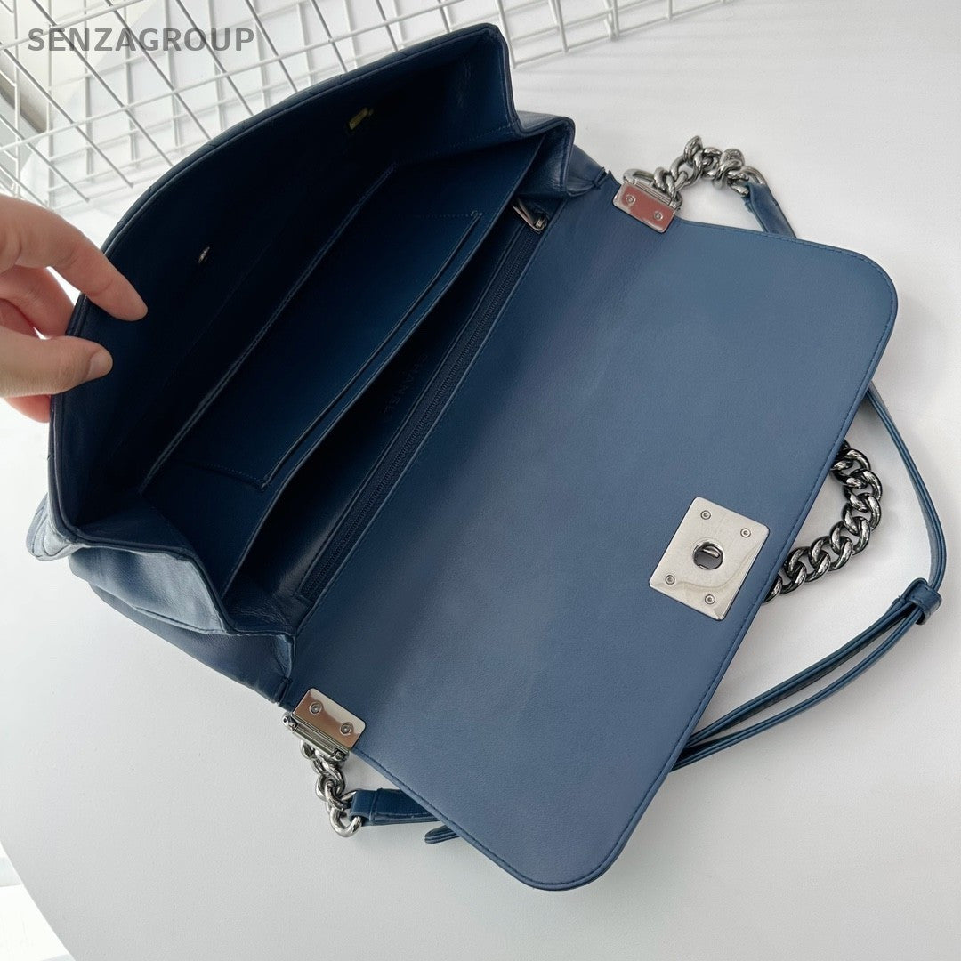 CHANEL Leboy Calfskin Chain Shoulder bag Crossbody Women Blue Silver