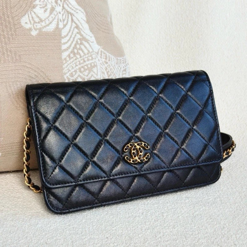 Chanel 19Bag WOC Lambskin Chain Shoulder Crossbody Black Gold Women Classic