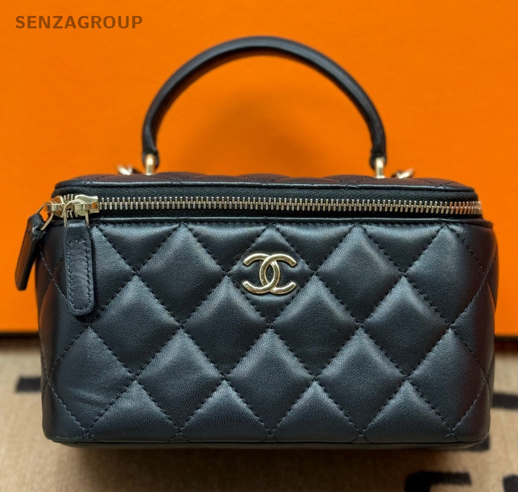 Chanel Lambskin Diamond Box Top Handle Bag Chain Crossbody Black Gold Women