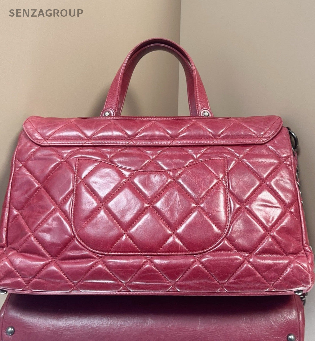 Chanel Leboy Vintage Button Top Handle Shoulder Bag  Red Silver Women Classic
