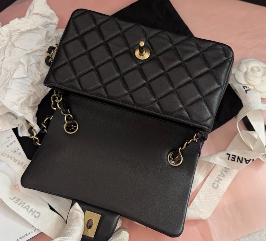 Chanel Classic Flap Mini Lambskin Chain Shoulder Bag Crossbody Black Gold Women