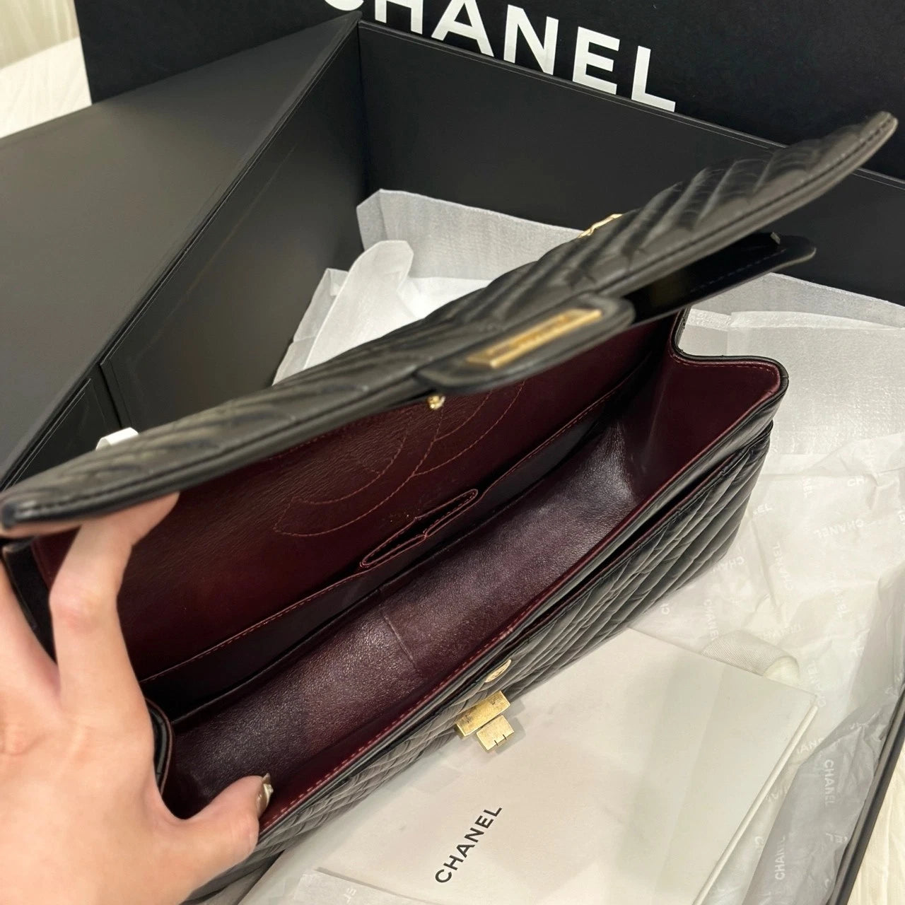 CHANEL Black Gold Waxed Calfskin 2.55 Medium Chain Shoulder Bag Women