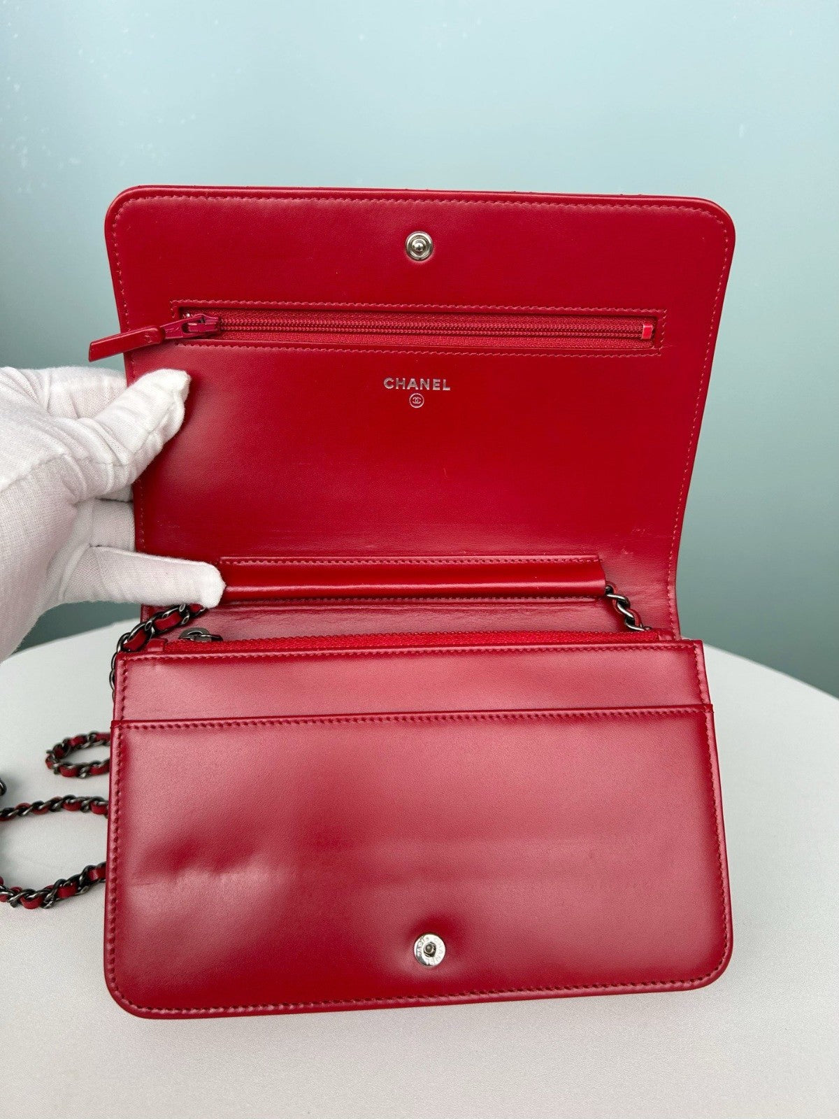 CHANEL CC Woc Oil waxed leather Chain Shoulder bag Crossbody Red Silver Women