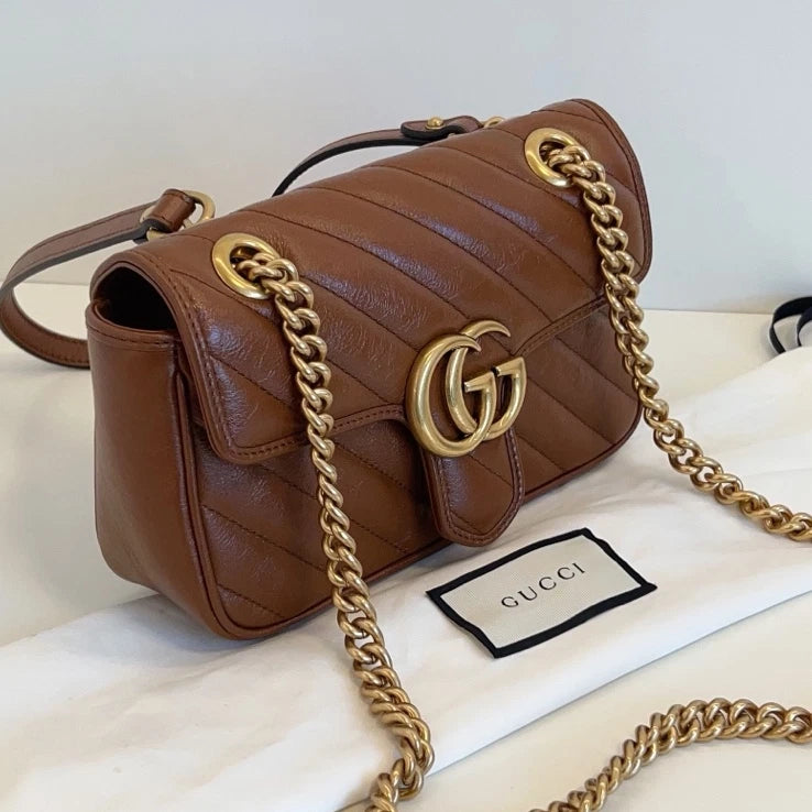 Gucci Marmont 22 Chain Shoulder Crossbody Bag Brown Gold Hardware Women