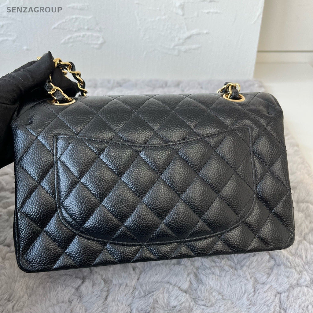Chanel Classic Flap PM Chain Calfskin Shoulder Bag Crossbody Black Gold Women